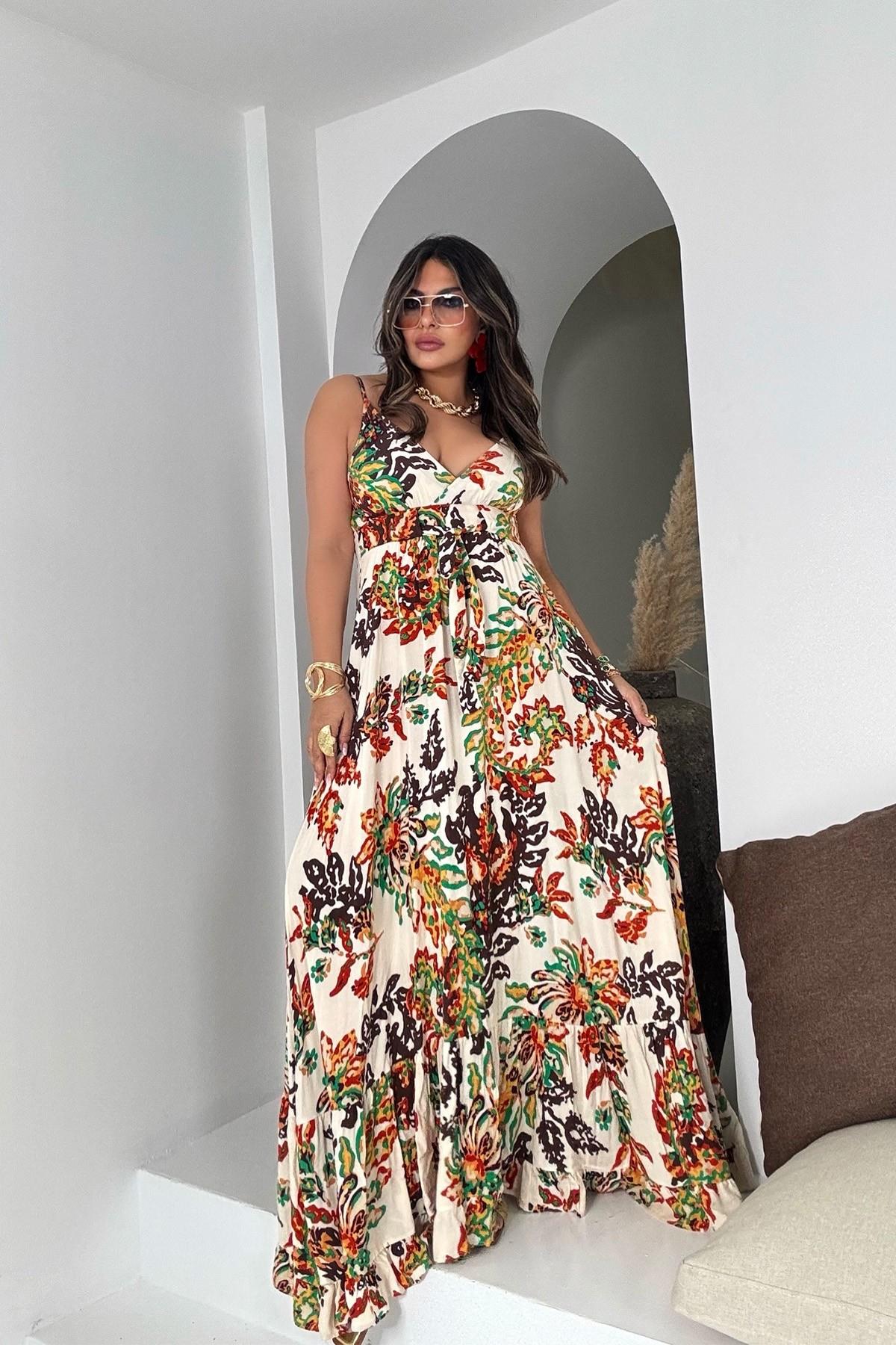 Üçgen Kup Detaylı Maxi Elbise Kiremit-Taş