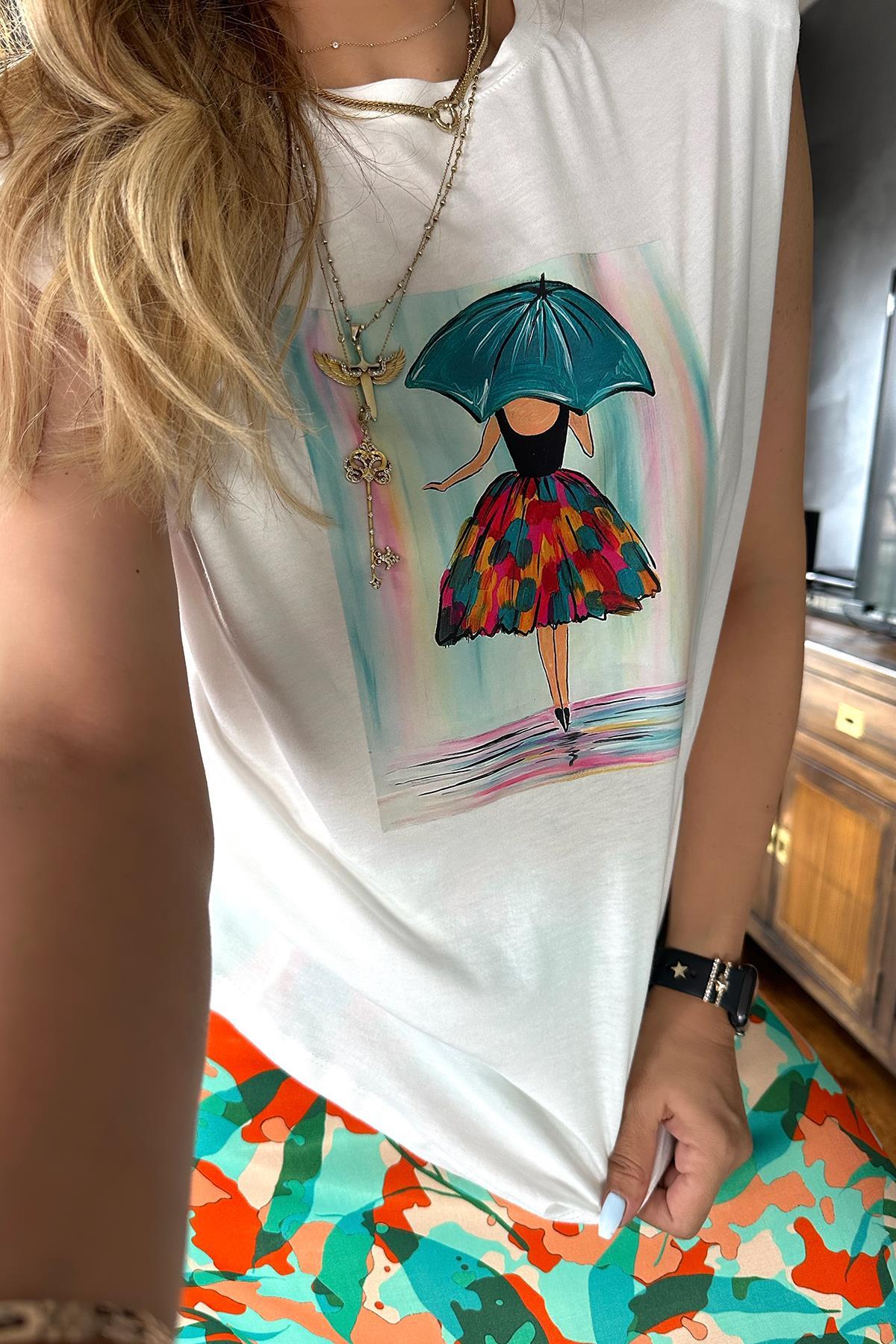 Vatkalı Şemsiye Kız Tshirt Ekru