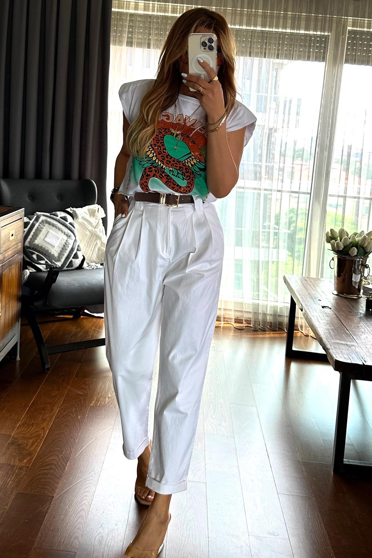 Vatkalı Yılan Desen Tshirt Beyaz