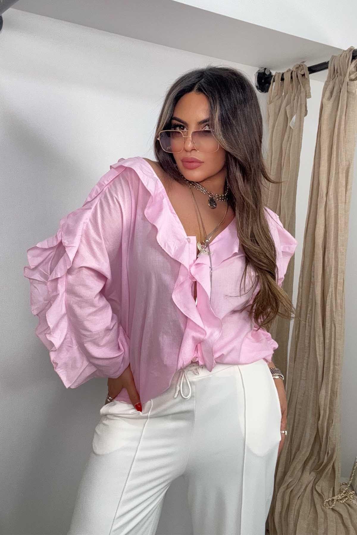 Volanlı Dökümlü Gömlek Pembe