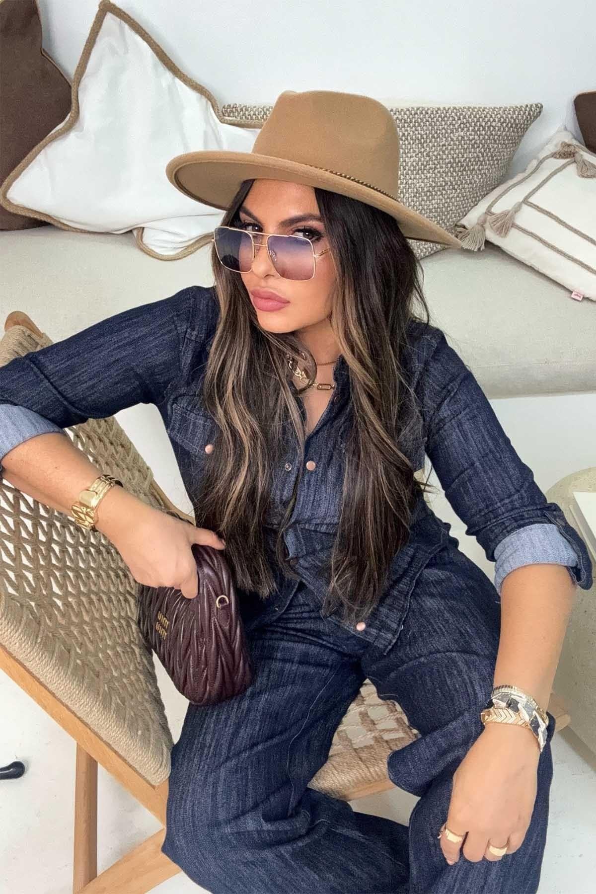 Western Likralı Jean Gömlek Lacivert