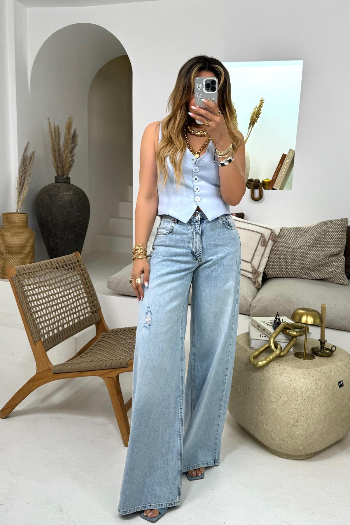 Wide Leg Yüksek Bel Jean Açık Mavi
