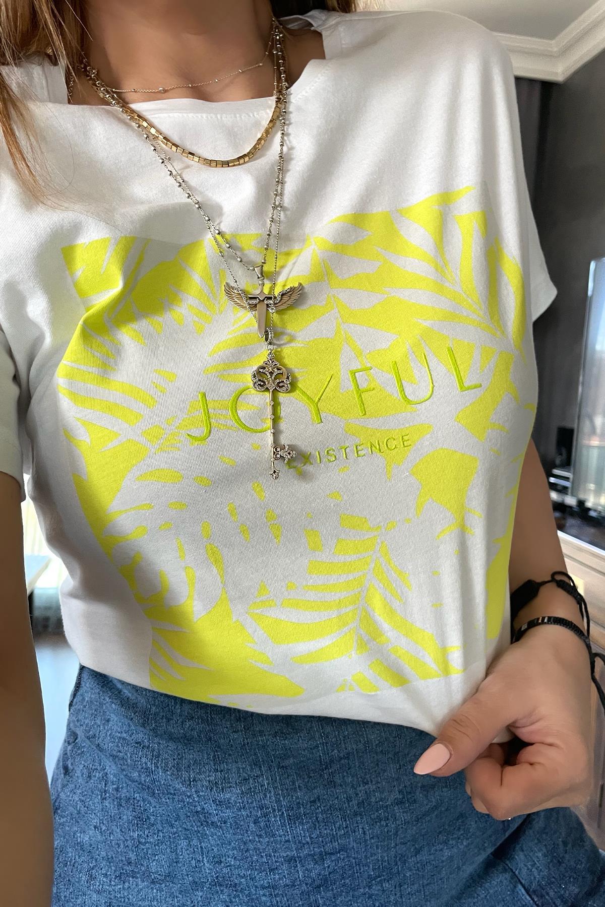 Yaprak Baskılı Tshirt Sarı