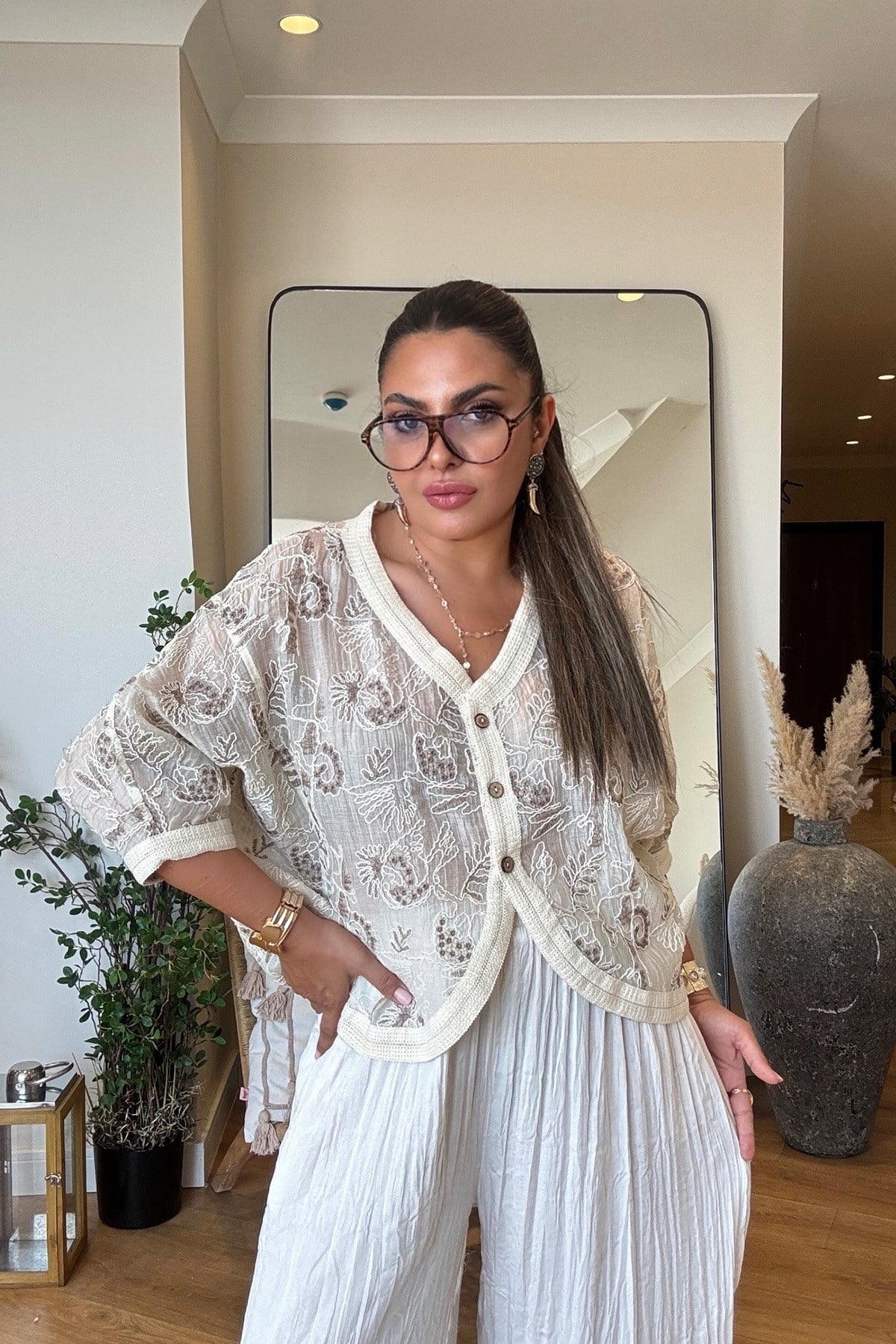 Yarı Transparan İşlemeli Pamuk Ceket Vizon