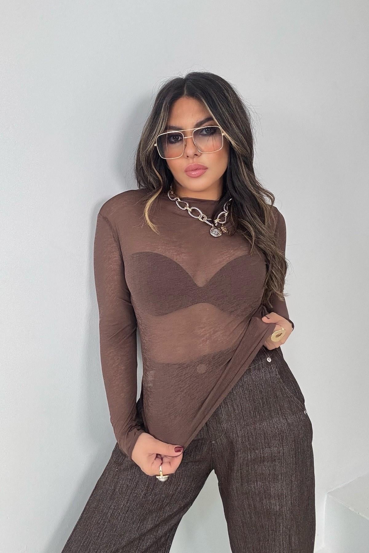 Yarı Transparan Kırçıllı Tül Bluz Acı Kahve