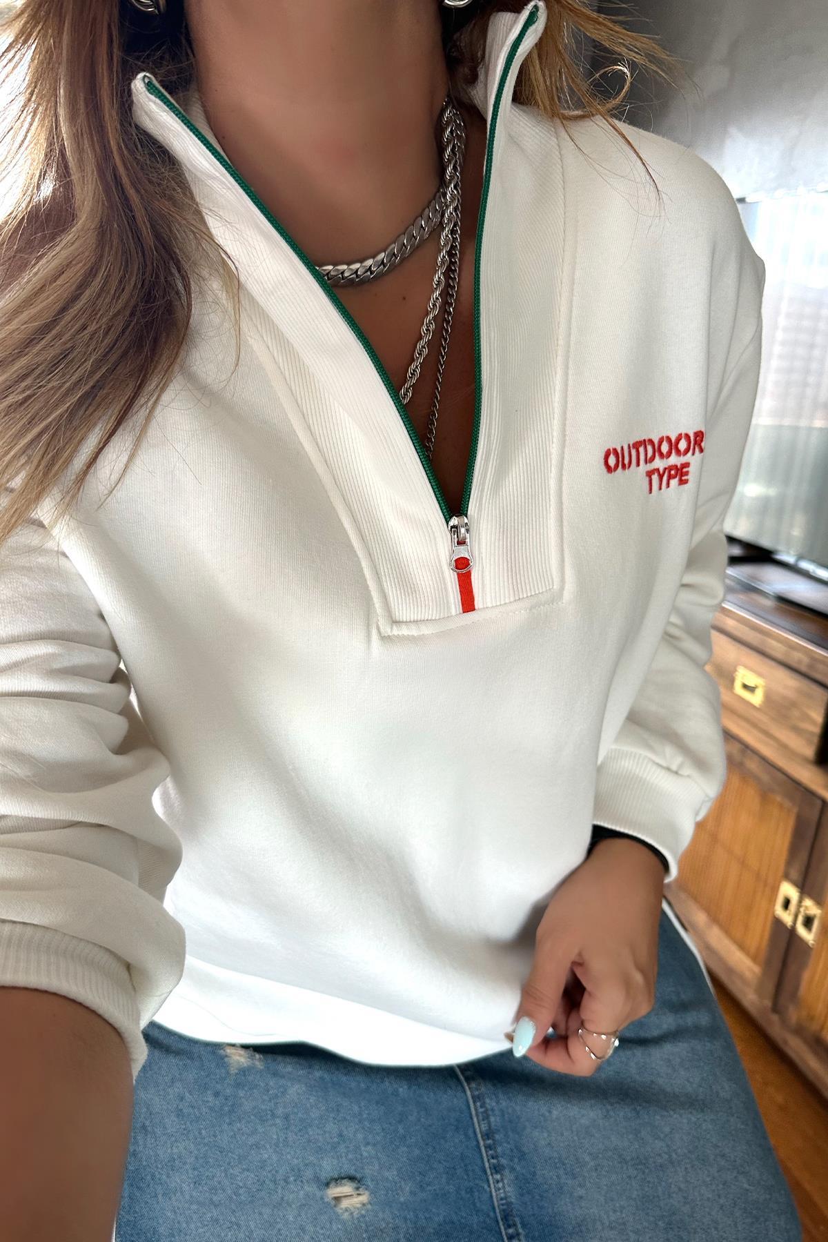 Yarım Balıkçı Fermuarlı Sweat Ekru