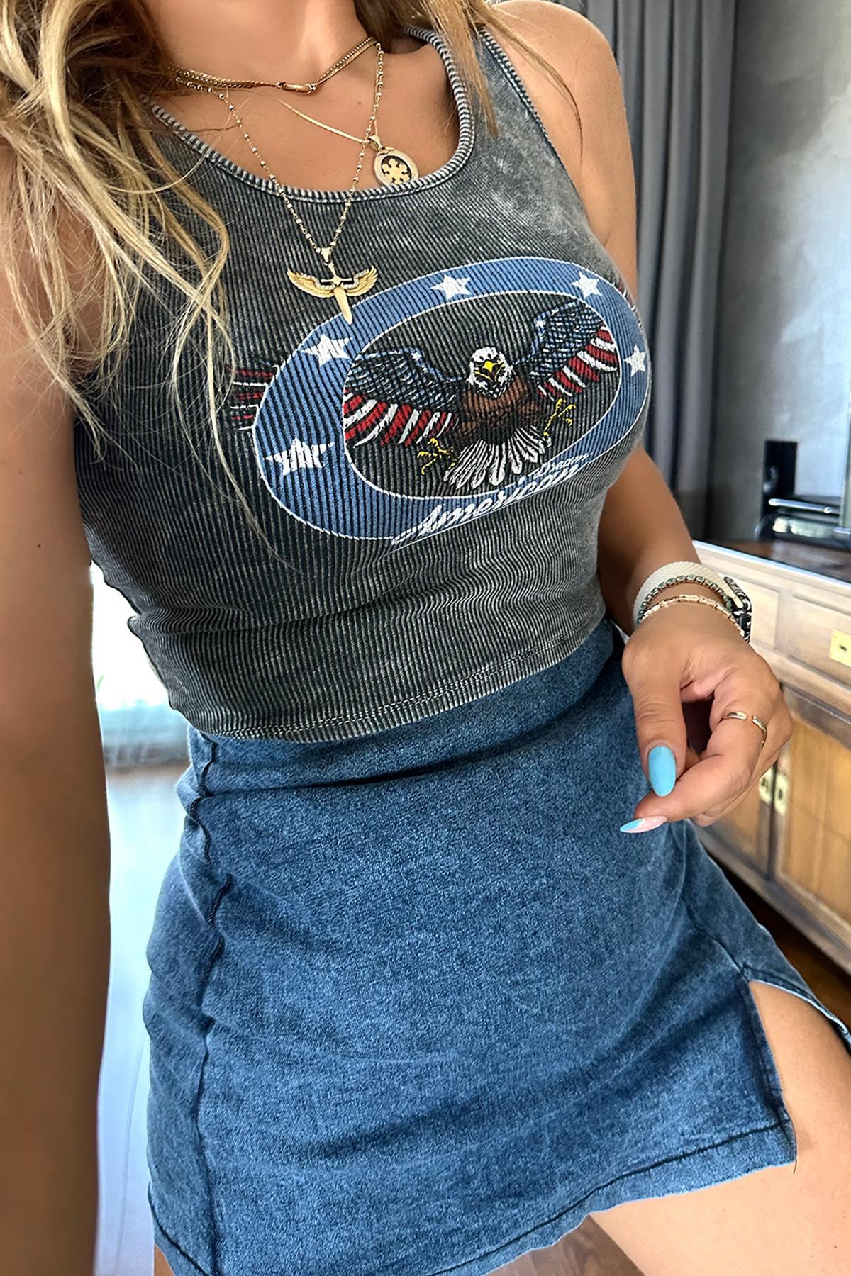 Yıkamalı American Dream Ribanalı Atlet Gri
