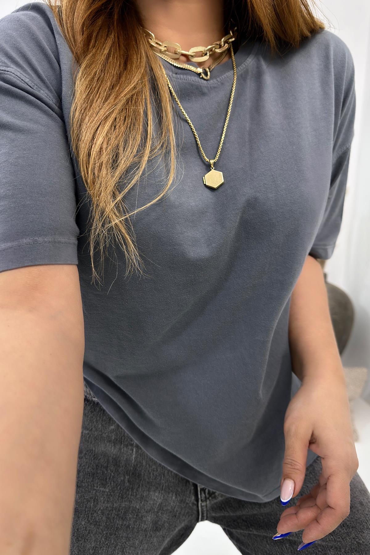 Yıkamalı Basic Tshirt Gri