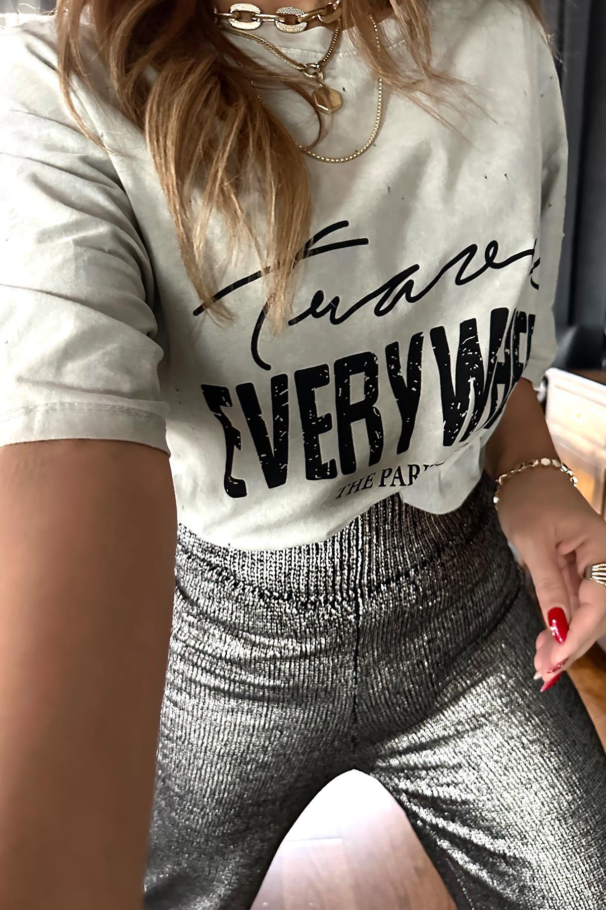 Yıkamalı Delikli Oversize Tshirt Taş
