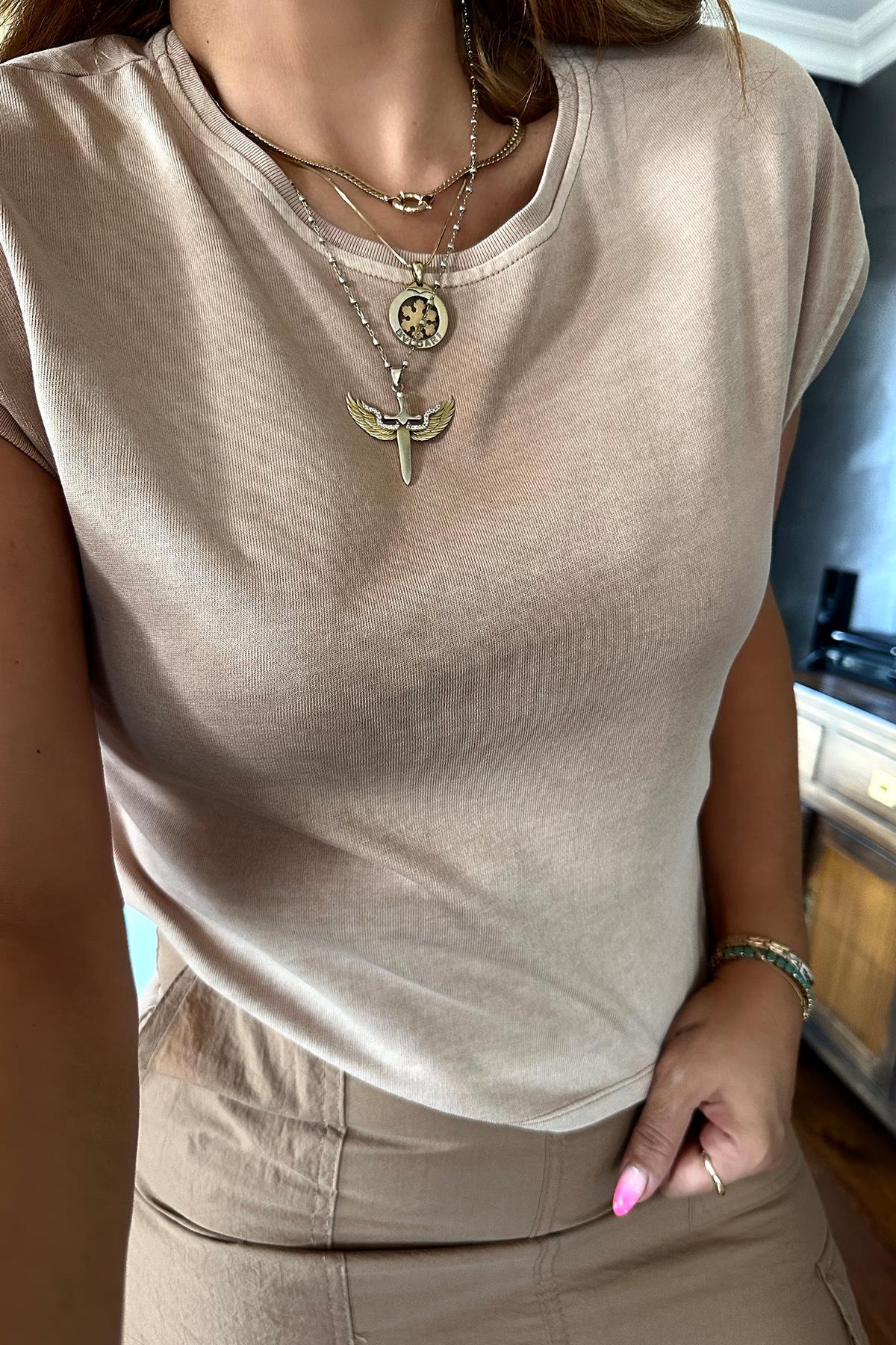 Yıkamalı Düşük Kol Tshirt Bej
