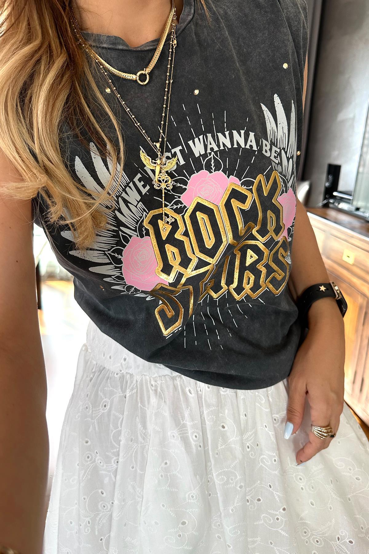 Yıkamalı Kolsuz Rock Star Tshirt Gri