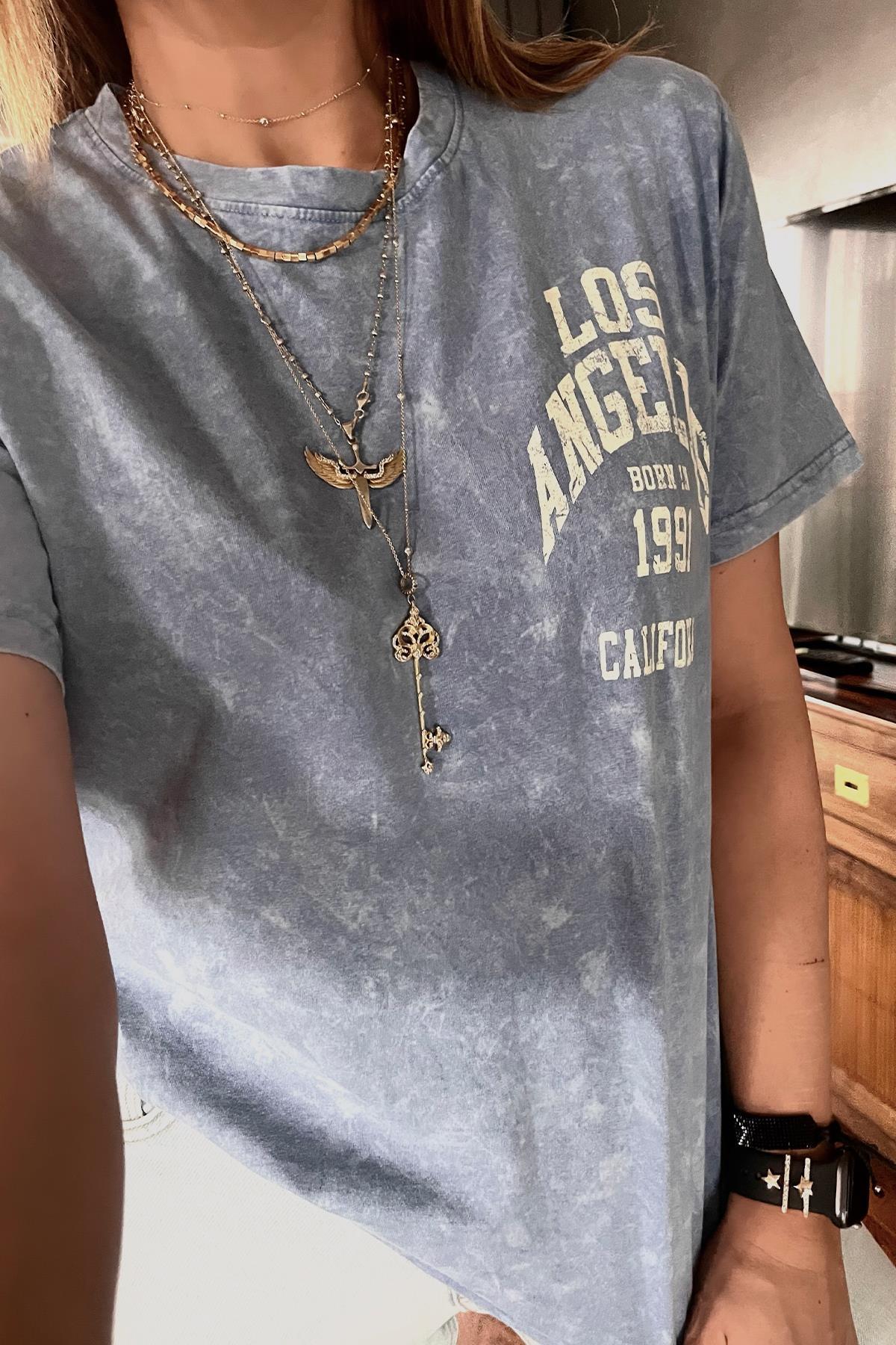 Yıkamalı Los Angeles Tshirt Mavi