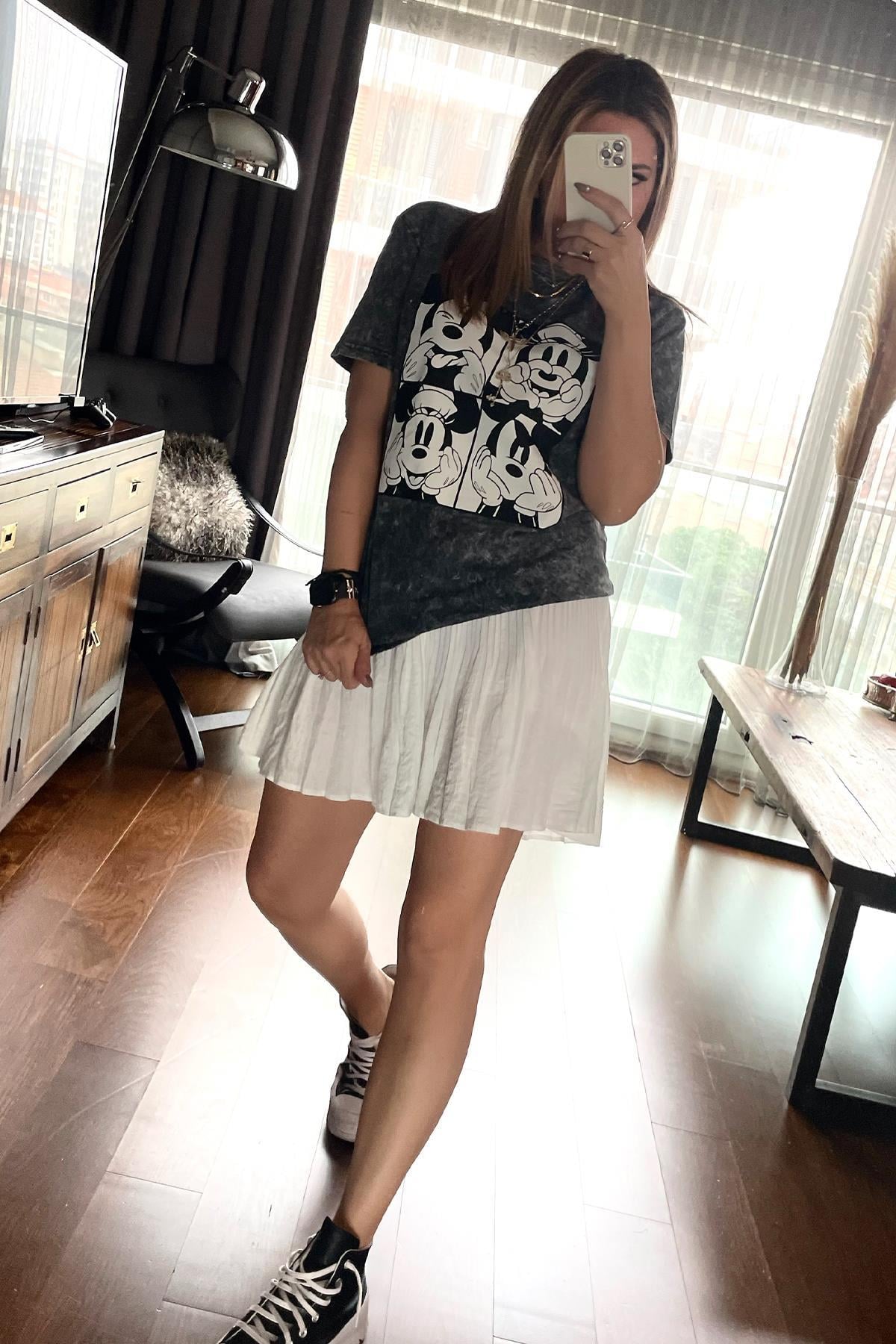 Yıkamalı Mickey Mouse Tshirt Gri