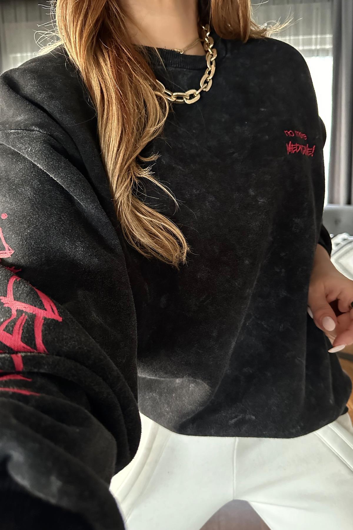 Yıkamalı Pembe Baskılı Sweat Antrasit