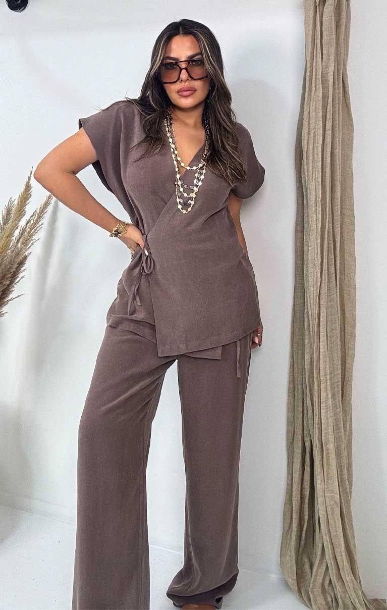 Yıkamalı Tencel Kumaş Bağcıklı Takım Acı Kahve