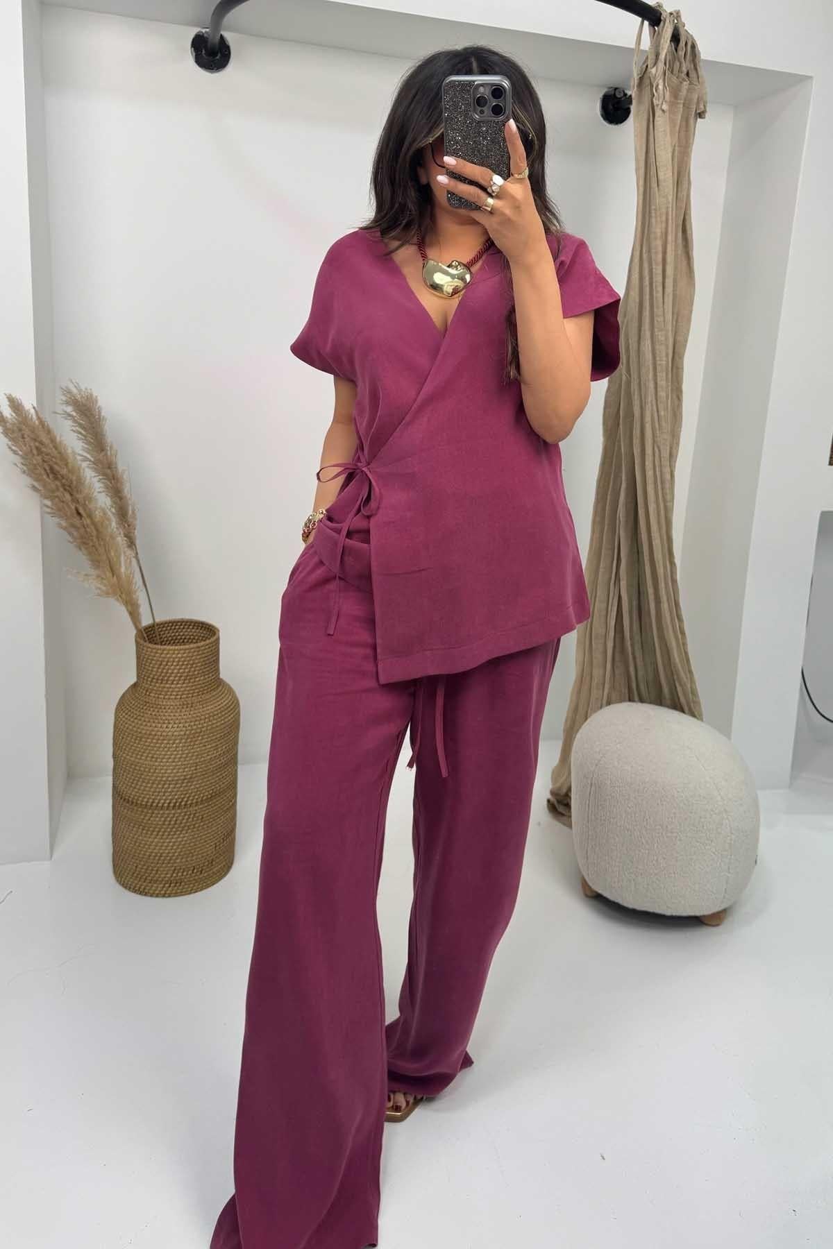 Yıkamalı Tencel Kumaş Bağcıklı Takım Bordo