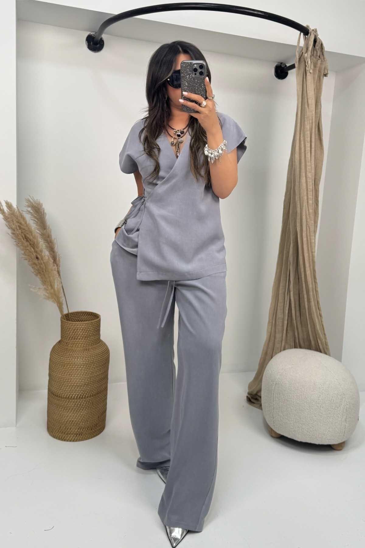 Yıkamalı Tencel Kumaş Bağcıklı Takım Gri
