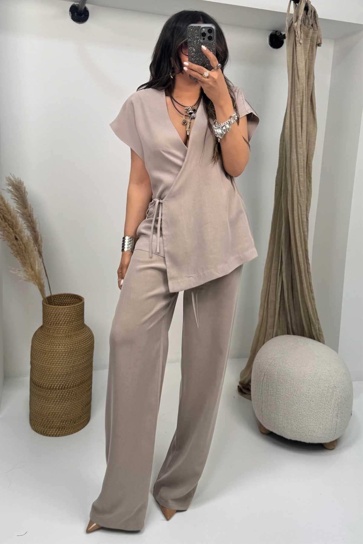 Yıkamalı Tencel Kumaş Bağcıklı Takım Vizon