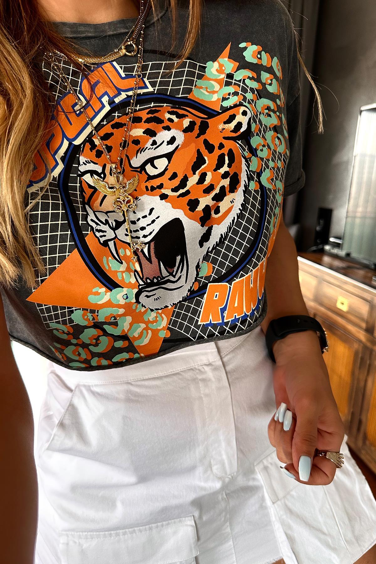Yıkamalı Tropical Kaplanı Tshirt Gri