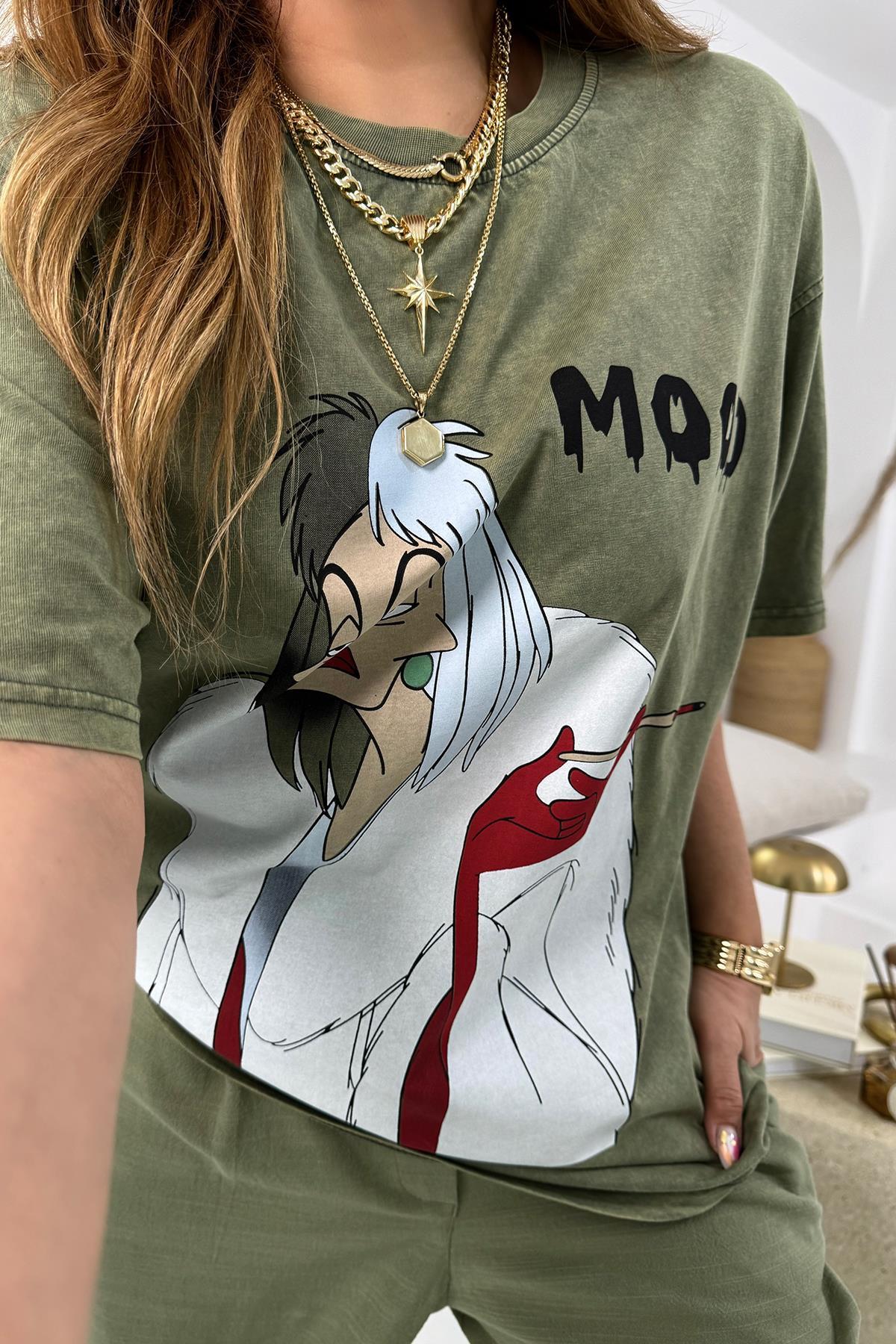 Yıkamalı Uzun Mood Tshirt Haki