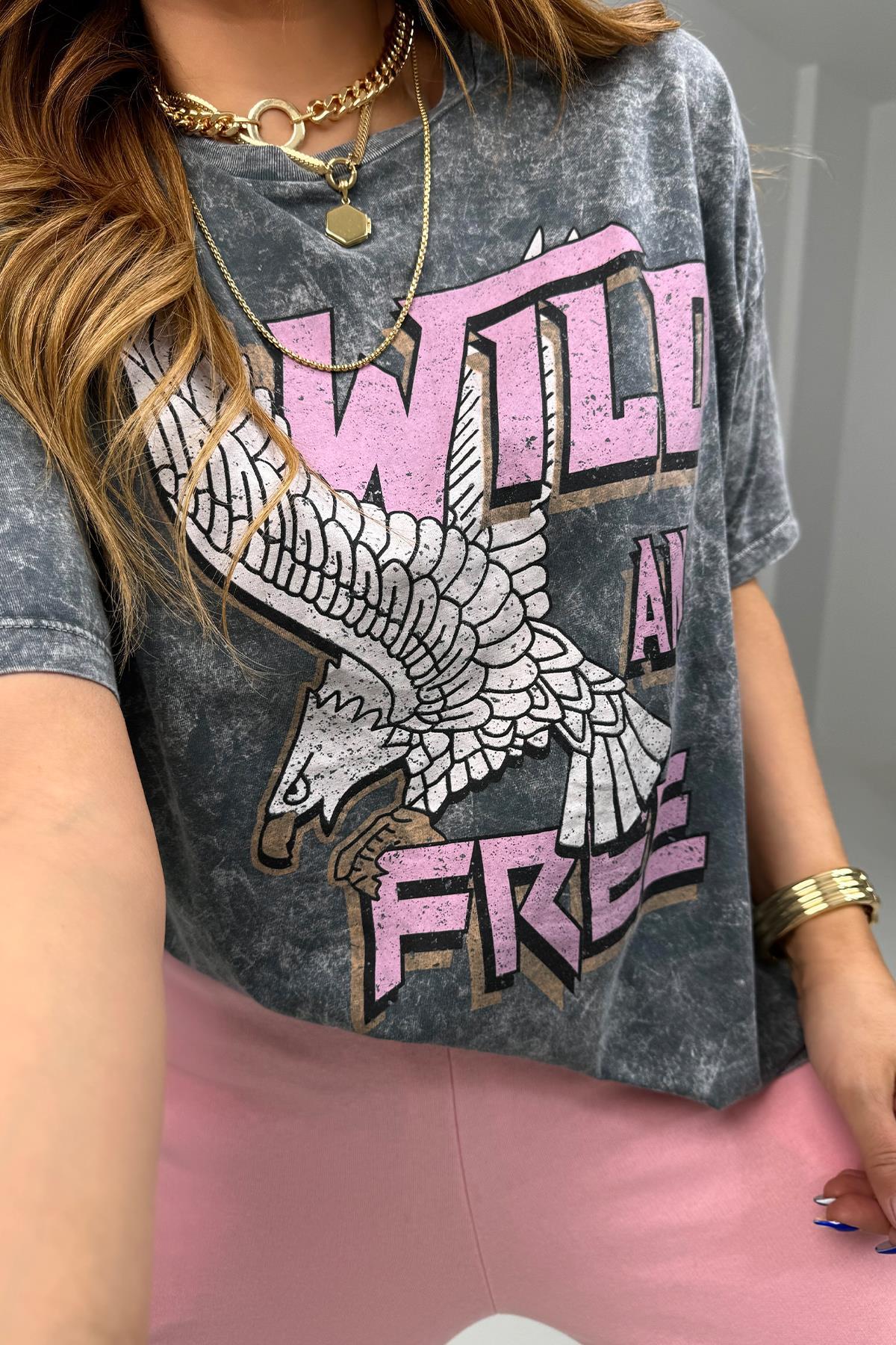 Yıkamalı Wild And Free Tshirt Gri