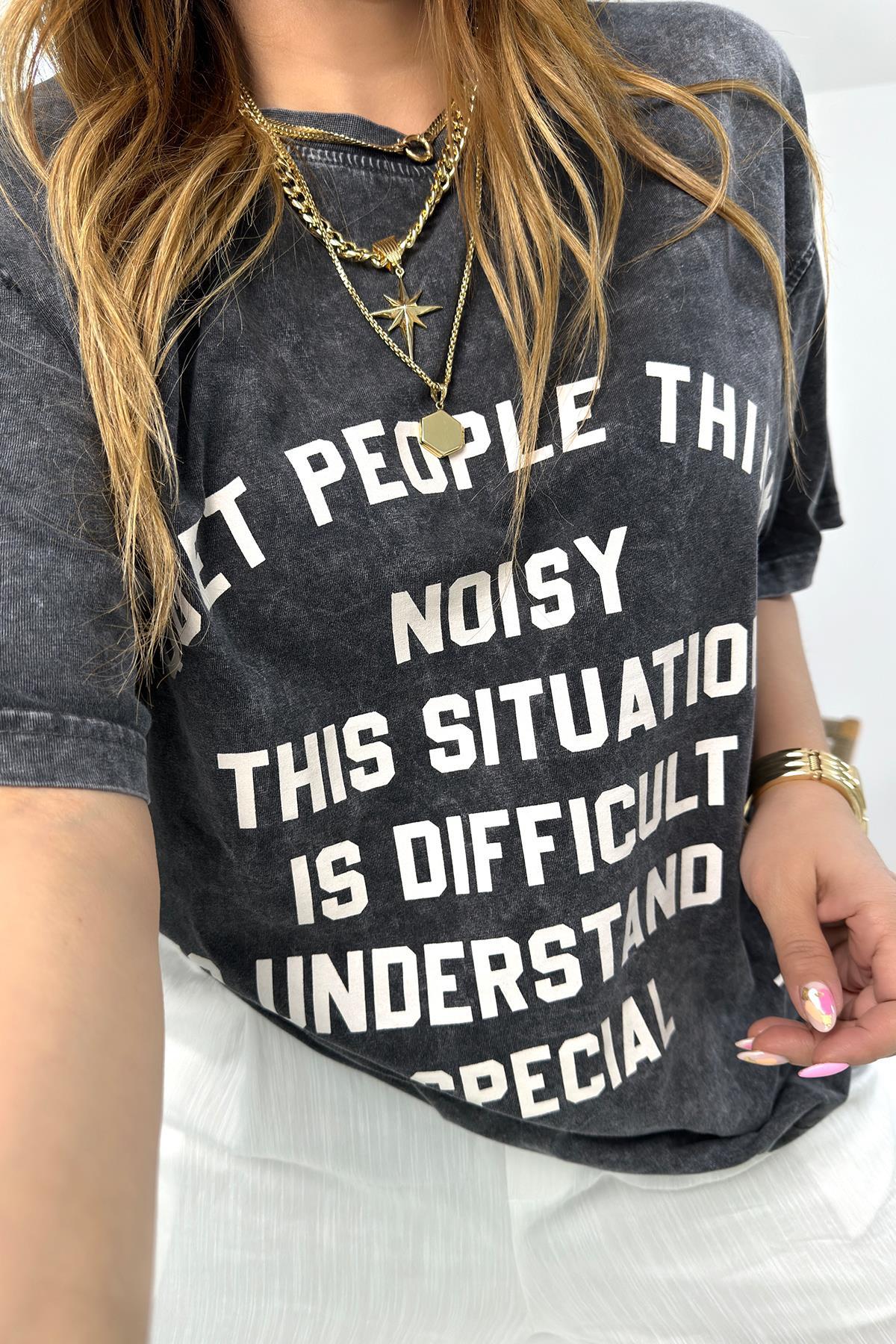 Yıkamalı Yazı Detay Tshirt Füme