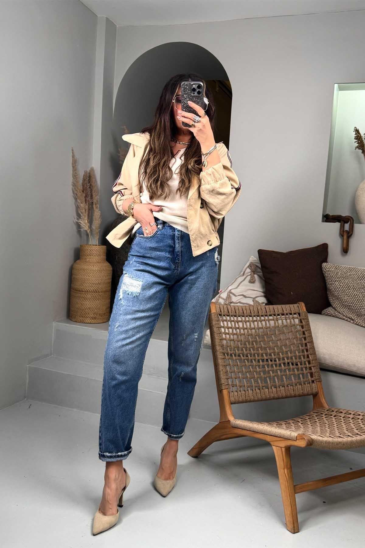Yırtık Detaylı Mom's Jean Pantolon Mavi