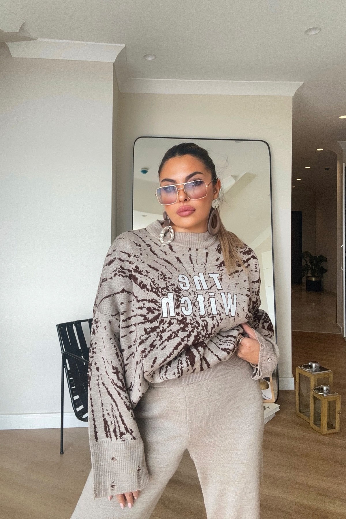 Yırtık Detaylı Oversize Triko Takım Kahve