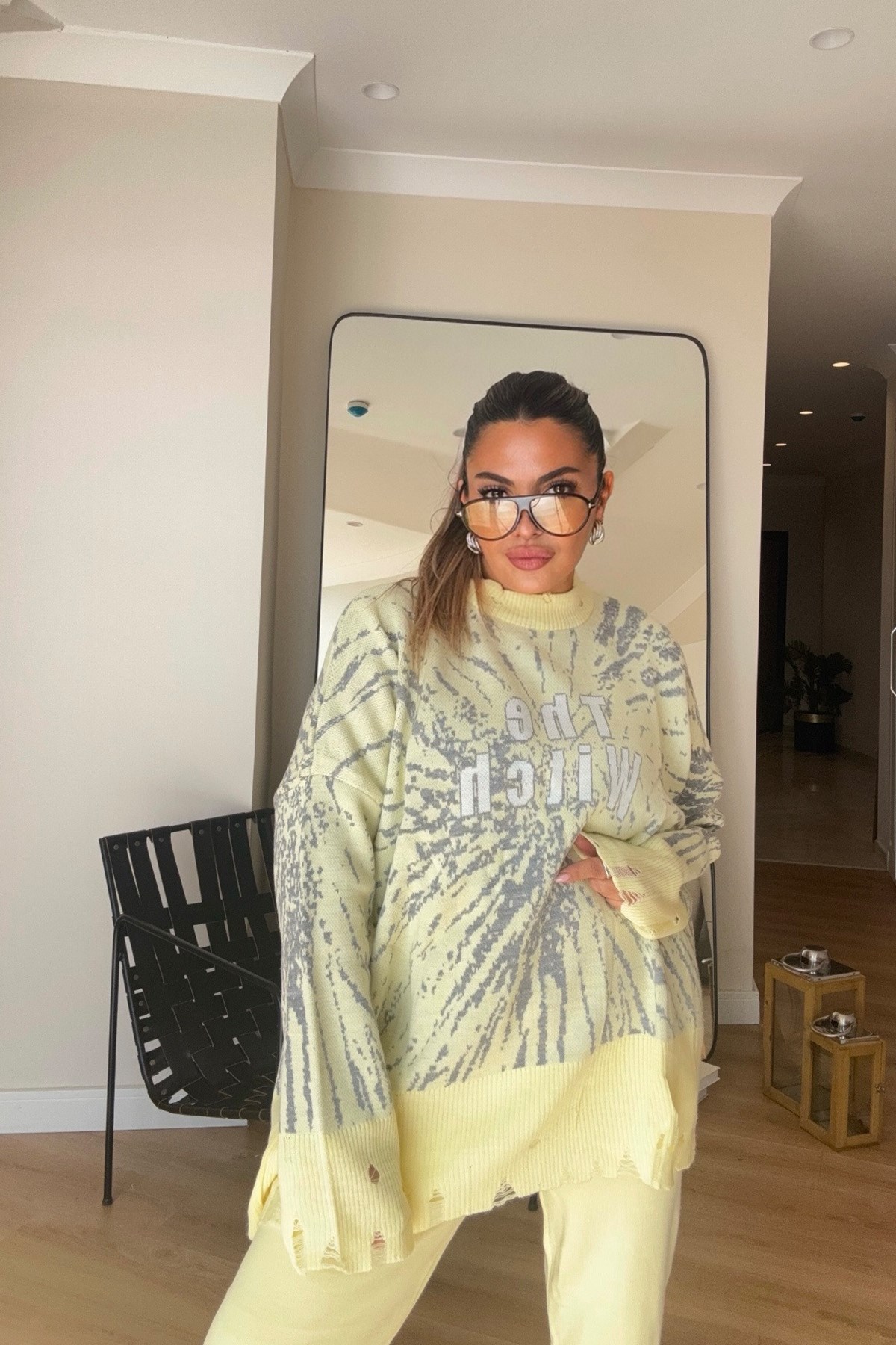 Yırtık Detaylı Oversize Triko Takım Sarı