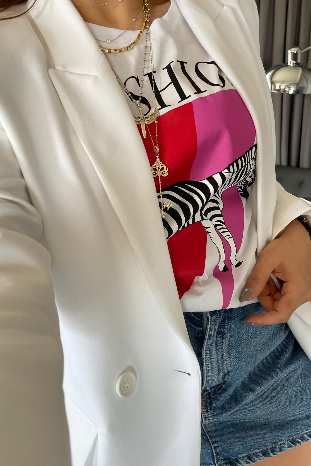 Zebra Baskılı Tshirt Beyaz