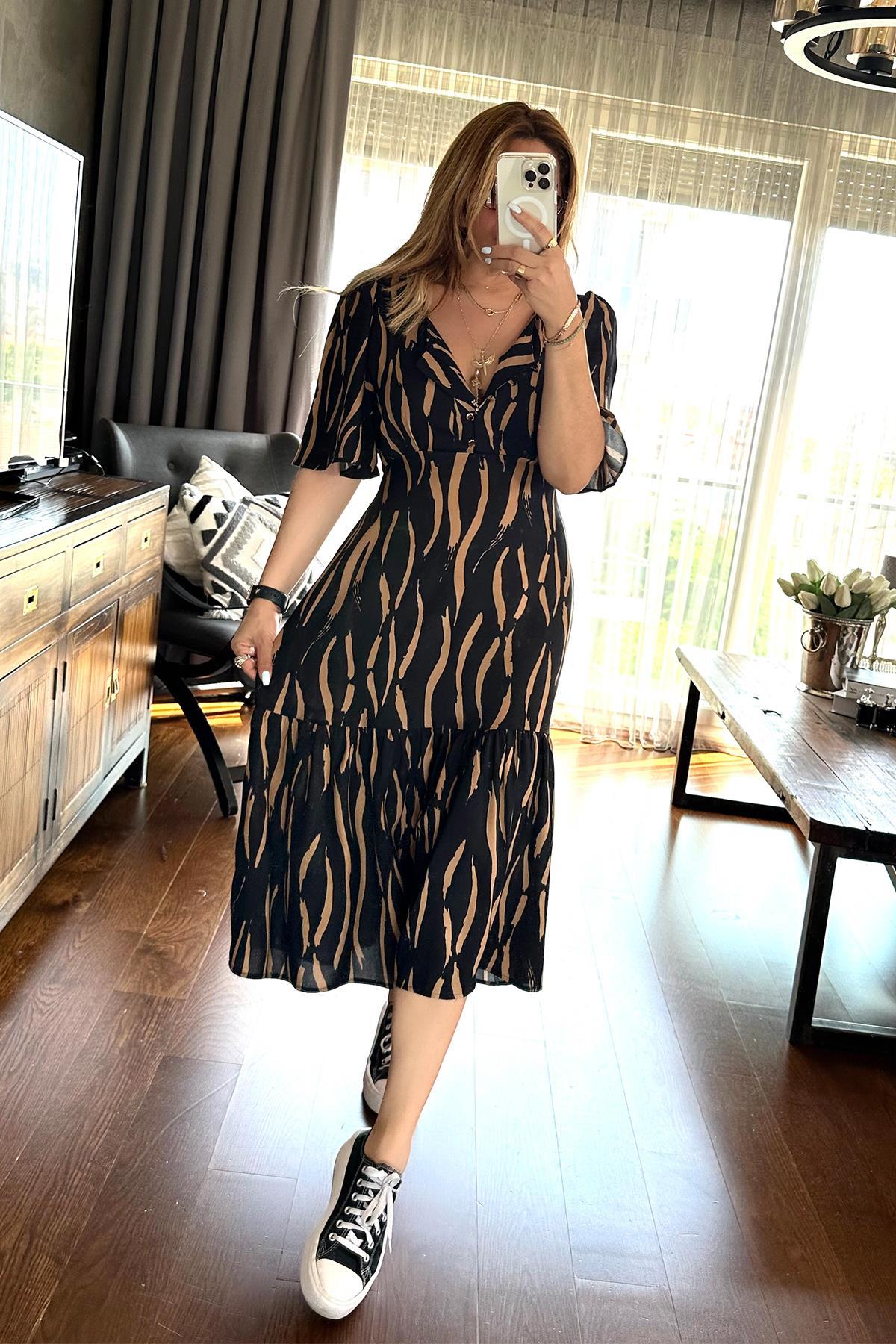 Zebra Desen Gold Düğme Elbise Siyah-Kahve