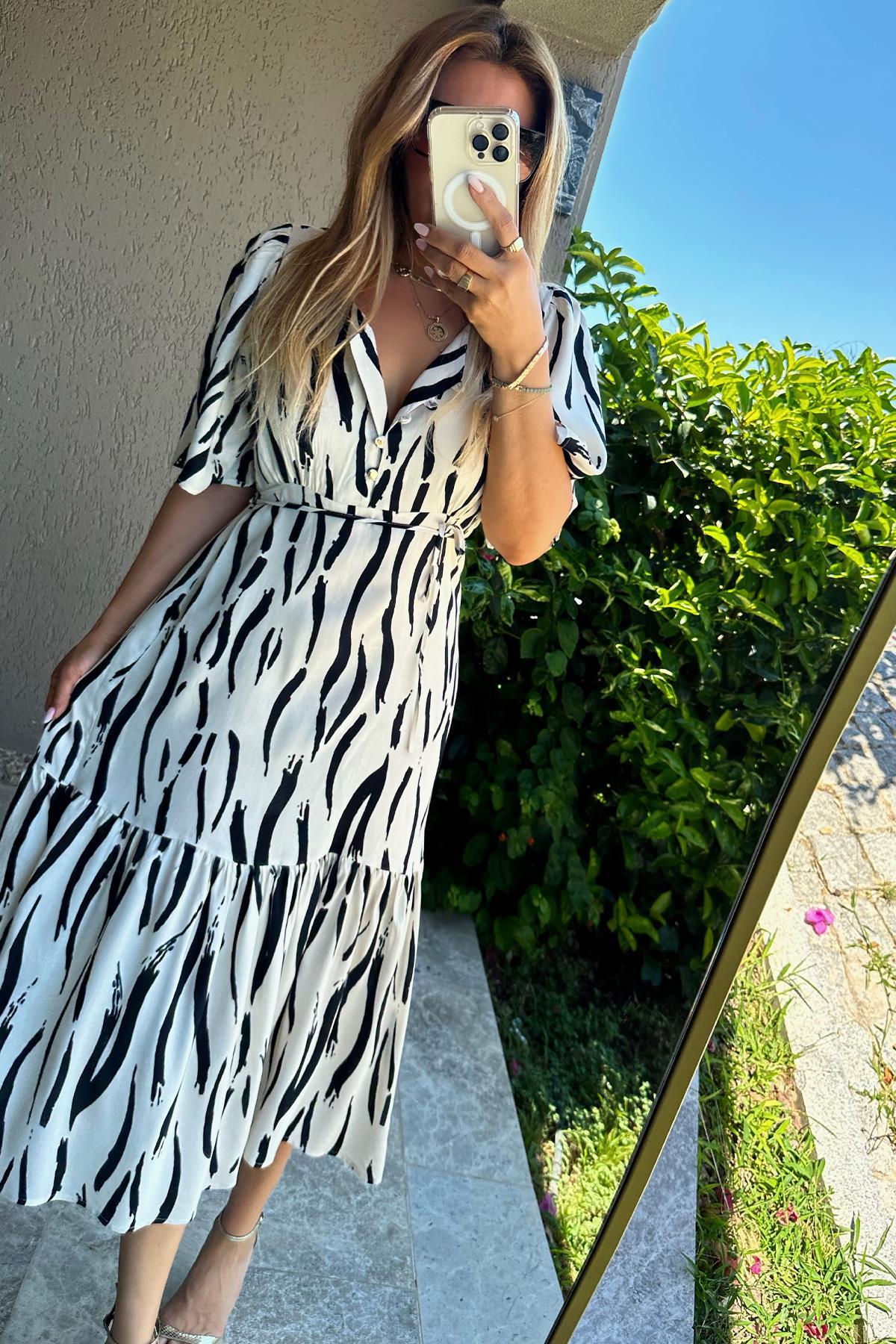 Zebra Desen Gold Düğme Elbise Siyah-Krem