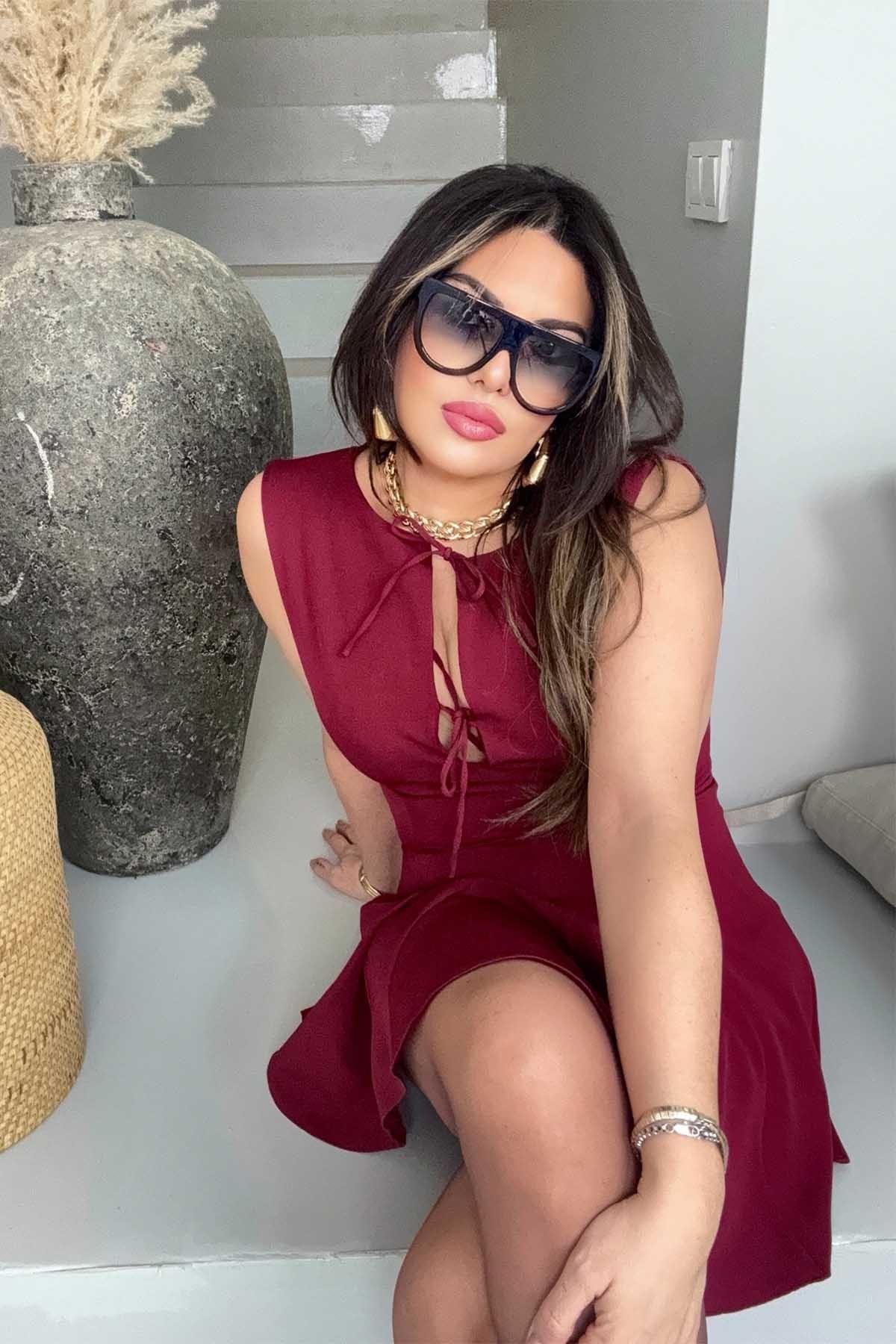 Zr Krep Kumaş Bağçıklı Elbise Bordo