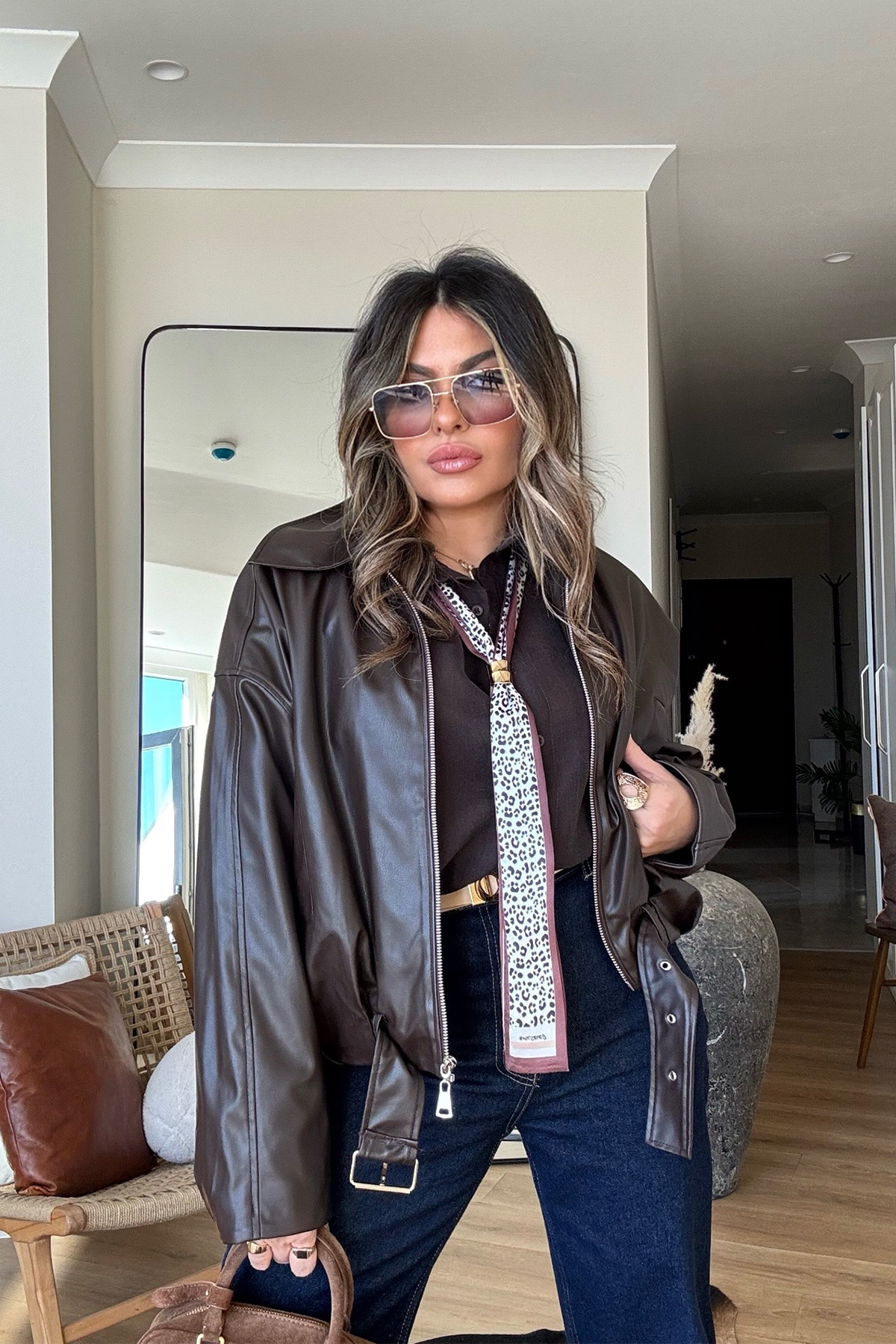 Zr Model Deri Bomber Ceket Acı Kahve