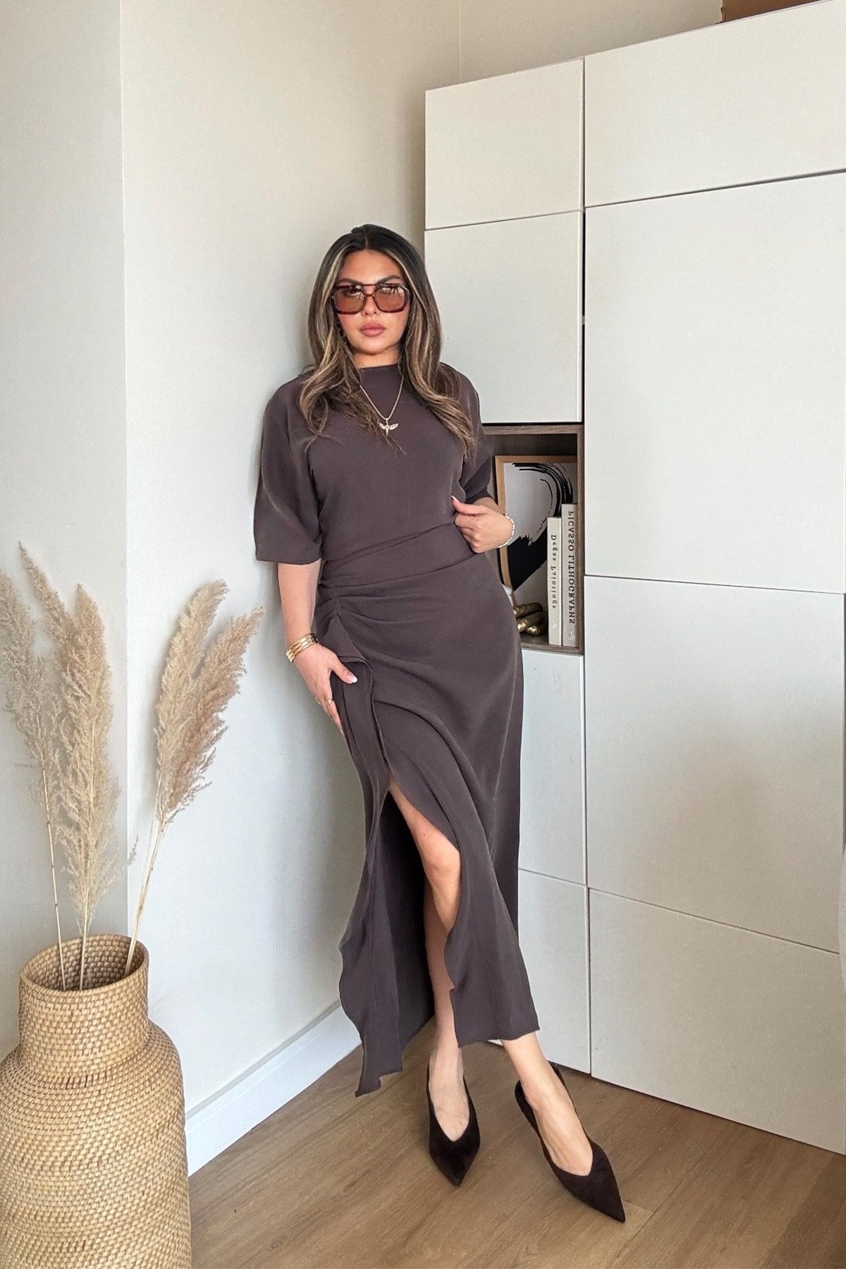 Zr Model Tencel Kumaş Yırtmaçlı Elbise Kahve