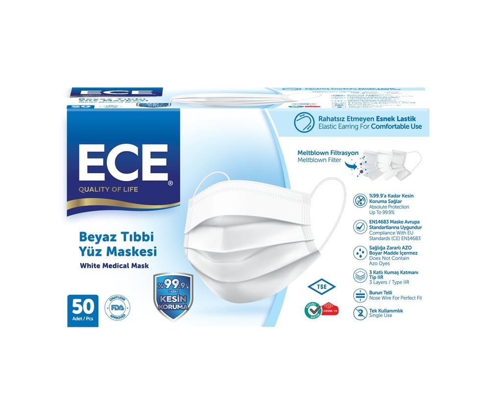 Ece Yumuşak Elastik Kulaklıklı Beyaz Yüz Maskesi 