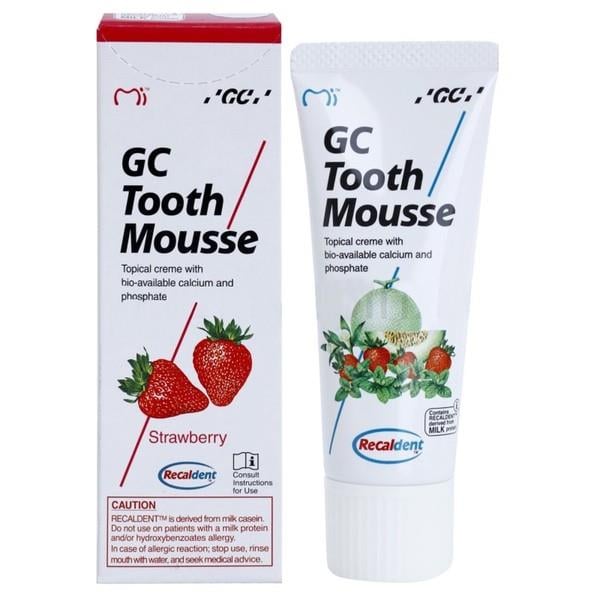 GC Tooth Mousse, 40gr çilek aromalı diş macunu kutusu ve tüpü