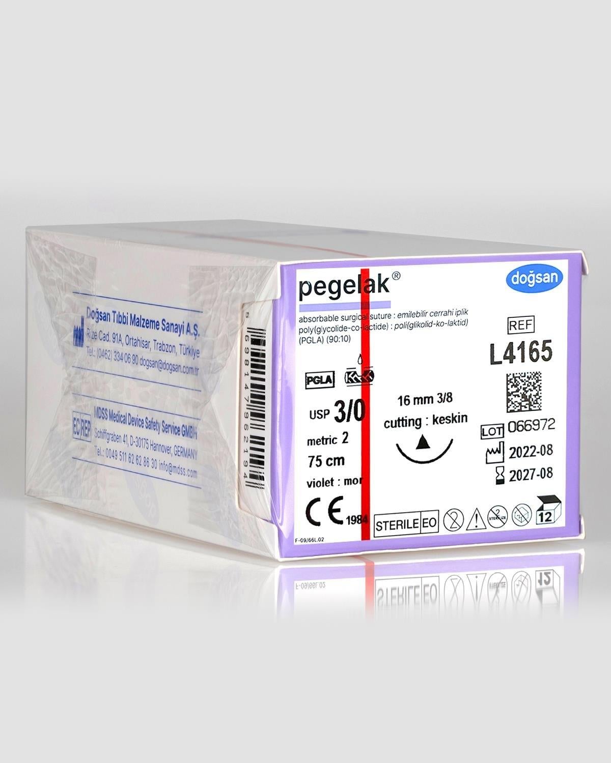 Pegelak 3/0 16 3/8 Keskin (Δ) 75cm PGLA Emilebilir Sütür 12 Ad./Pkt