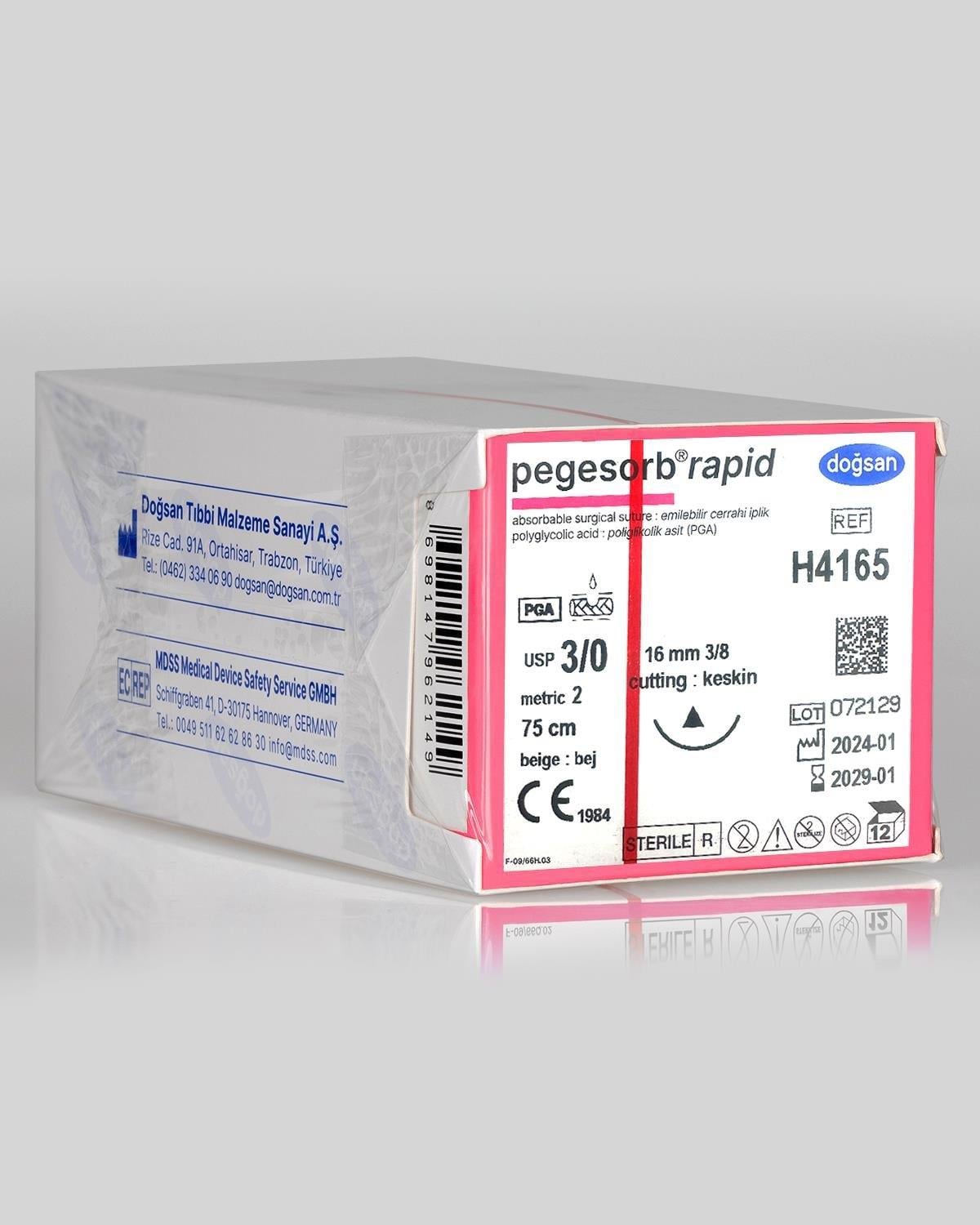 Pegesorb Rapid 3/0 16 3/8 Keskin (Δ) 75cm PGLA Emilebilir Sütür 12 Ad./Pkt