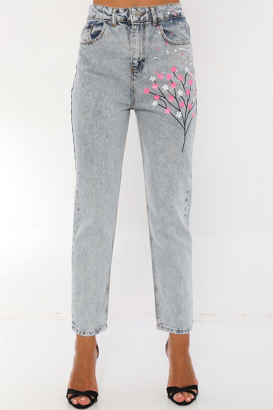 Kadın Yüksek Bel Çiçekli Özel El Boyaması Mom Jeans Kot Pantolon |  PodiumStar