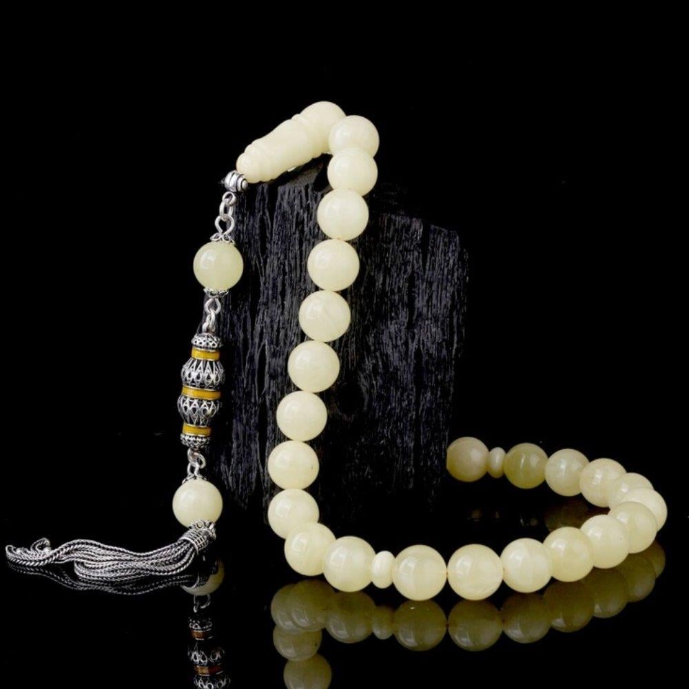 10mm Mat Renk Gümüş Püsküllü Damla Kehribar TesbihDamla Kehribar Tesbih