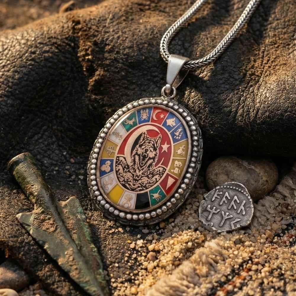 16 Türk Devleti Oval Bozkurt Gümüş Kolye16 Türk Devleti Kolye