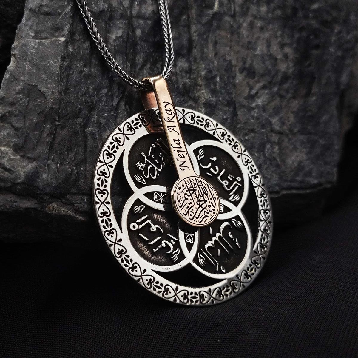 4 Esma İşlemeli İsme Özel Gümüş Güç ve İktidar Kolyesi