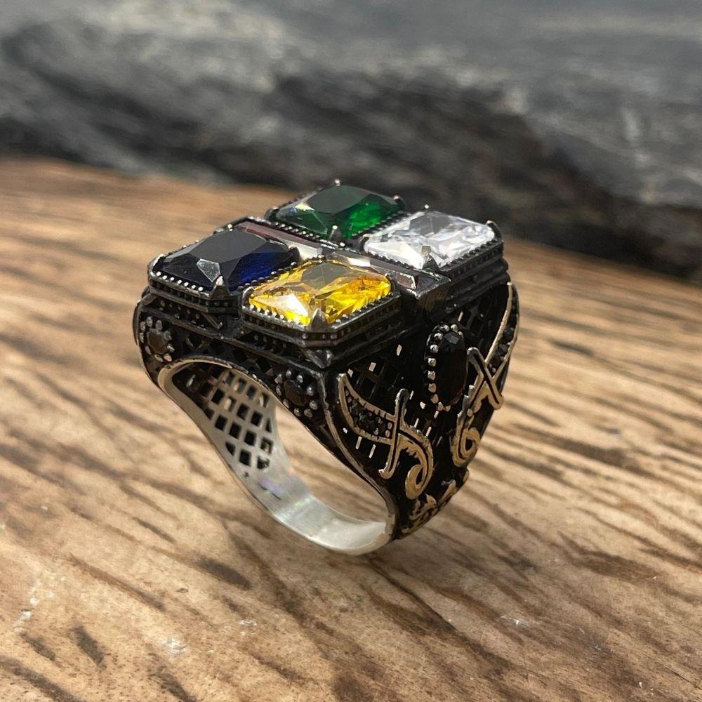 4 Renkli Zirkon Taşlı Kılıç Detaylı Gümüş Yüzük