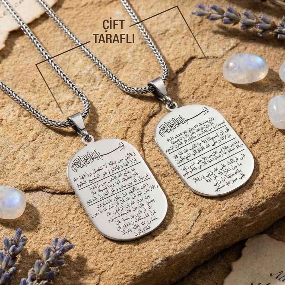 7 Ayet Sıkıntı Gideren Gümüş Madalyon KolyeDualı Kolye