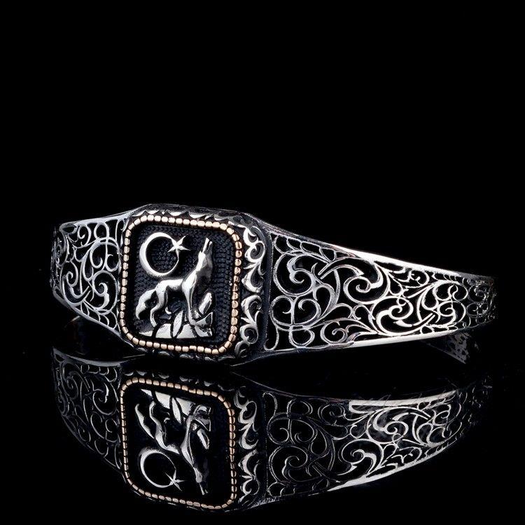 925 Ayar Gümüş Ayyıldız Kurt Model Otantik Motif Erkek BileklikErkek Bileklik