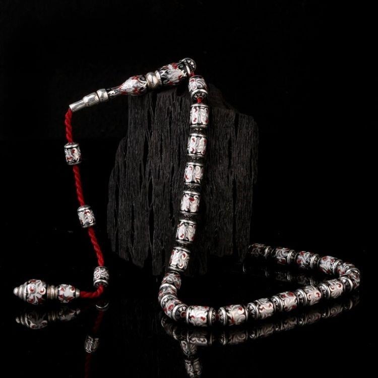 925 Ayar Gümüş Kapsül Kesim Kırmızı Siyah Beyaz Mineli TesbihGümüş Tesbih