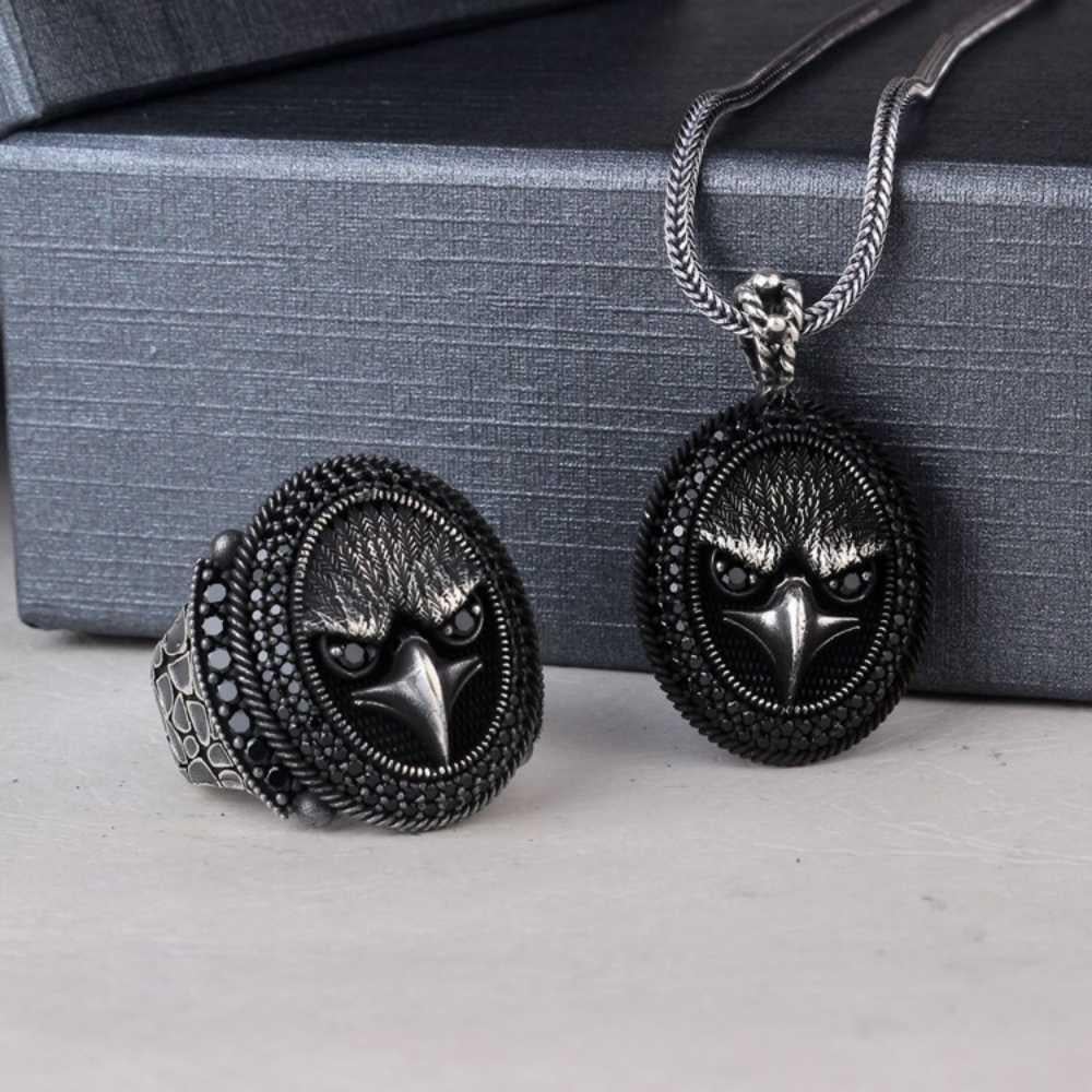 925 Ayar Gümüş Mikro Taşlı Kartal Kolye Yüzük KombiniYüzük Kolye Kombinleri