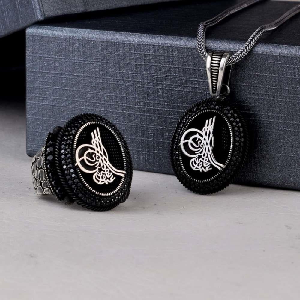 925 Ayar Gümüş Mikro Taşlı Tuğra Kolye Yüzük KombiniYüzük Kolye Kombinleri