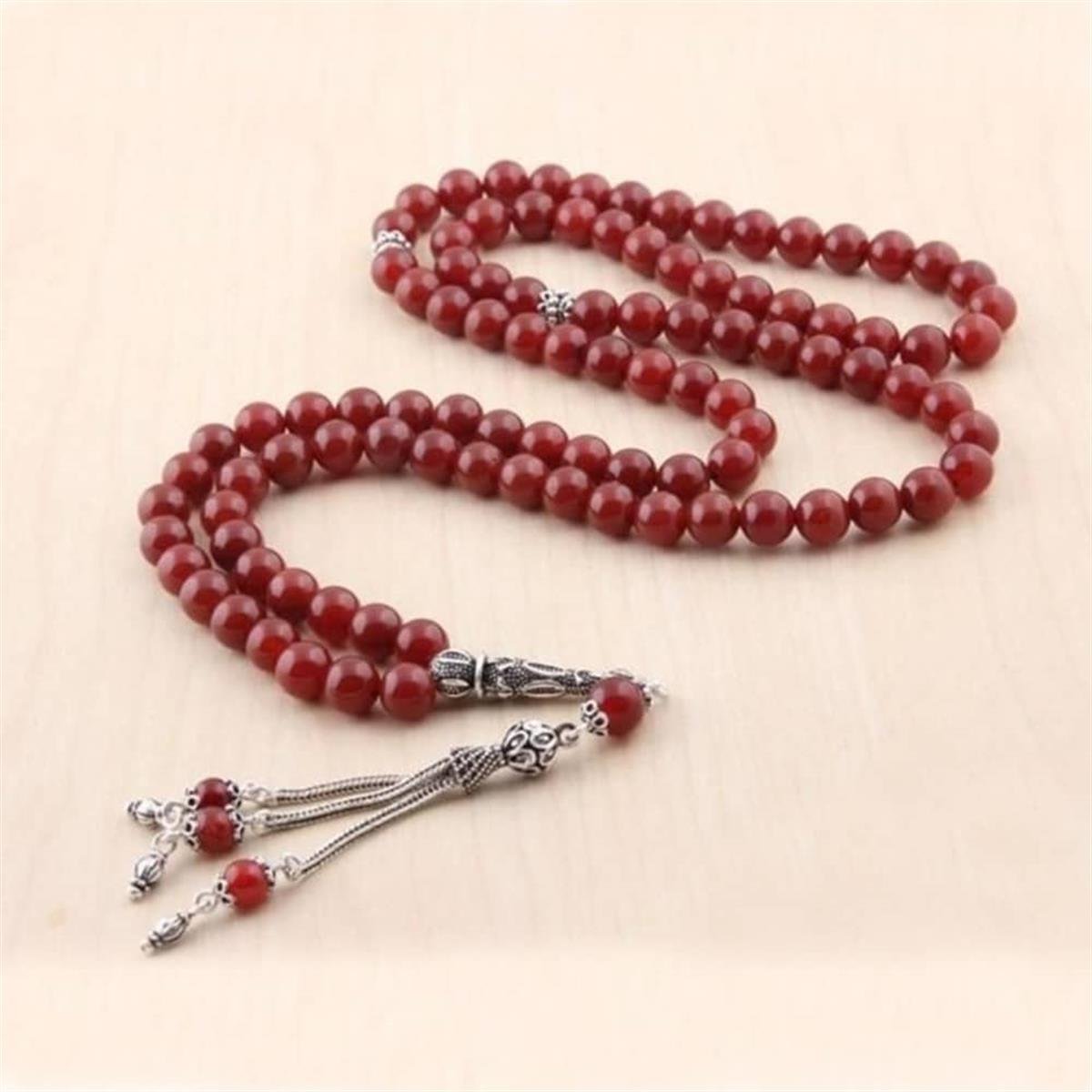 925 Ayar Gümüş Püsküllü 99'luk Akik Taşlı Tesbih